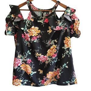 SHEIN Curve Black Floral Cold Shoulder Ruffle Top Plus Size 3XL